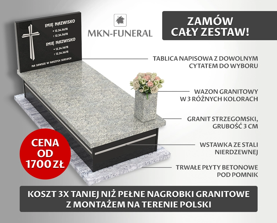 Zamów cały zestaw! Koszt 3x taniej niż pełne nagrobki granitowe z montażem na terenie Polski.